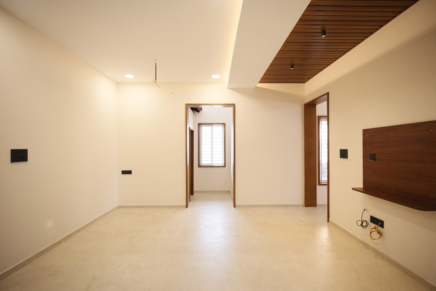 Living hall with wooden ceiling panel