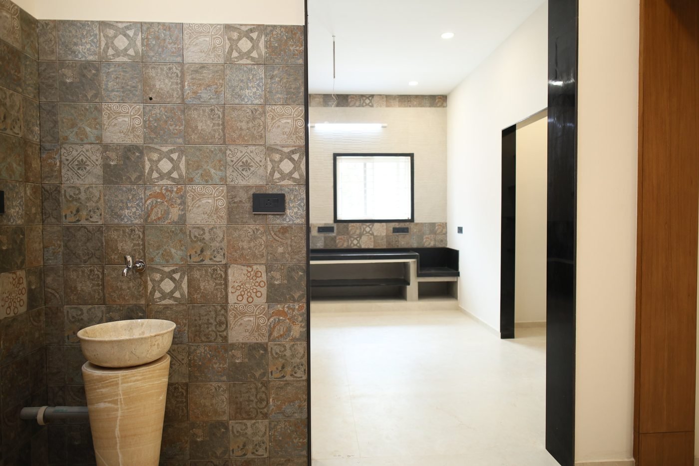 Wash area with stone basin